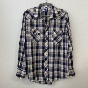Vintage Wrangler USA Mens Shirt Size 16.5 Large Plaid Western Cowboy Pearl Snap